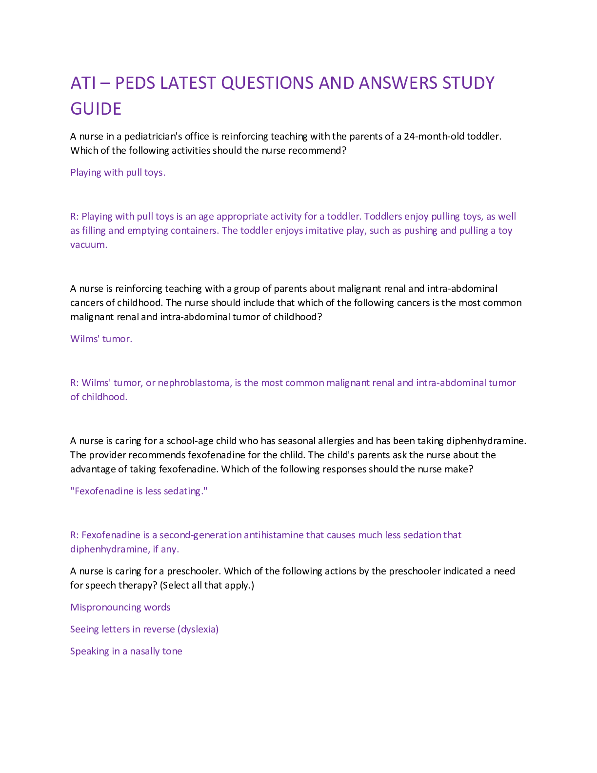 Preview image for ATI – PEDS LATEST QUESTIONS AND ANSWERS STUDY GUIDE